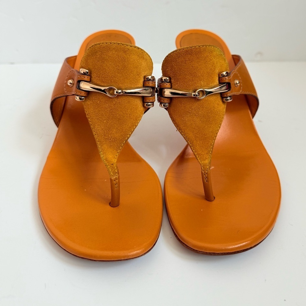 Gucci Mustard Yellow Suede Leather hasler horsebit thong heel sandals US 8 - Picture 3 of 9